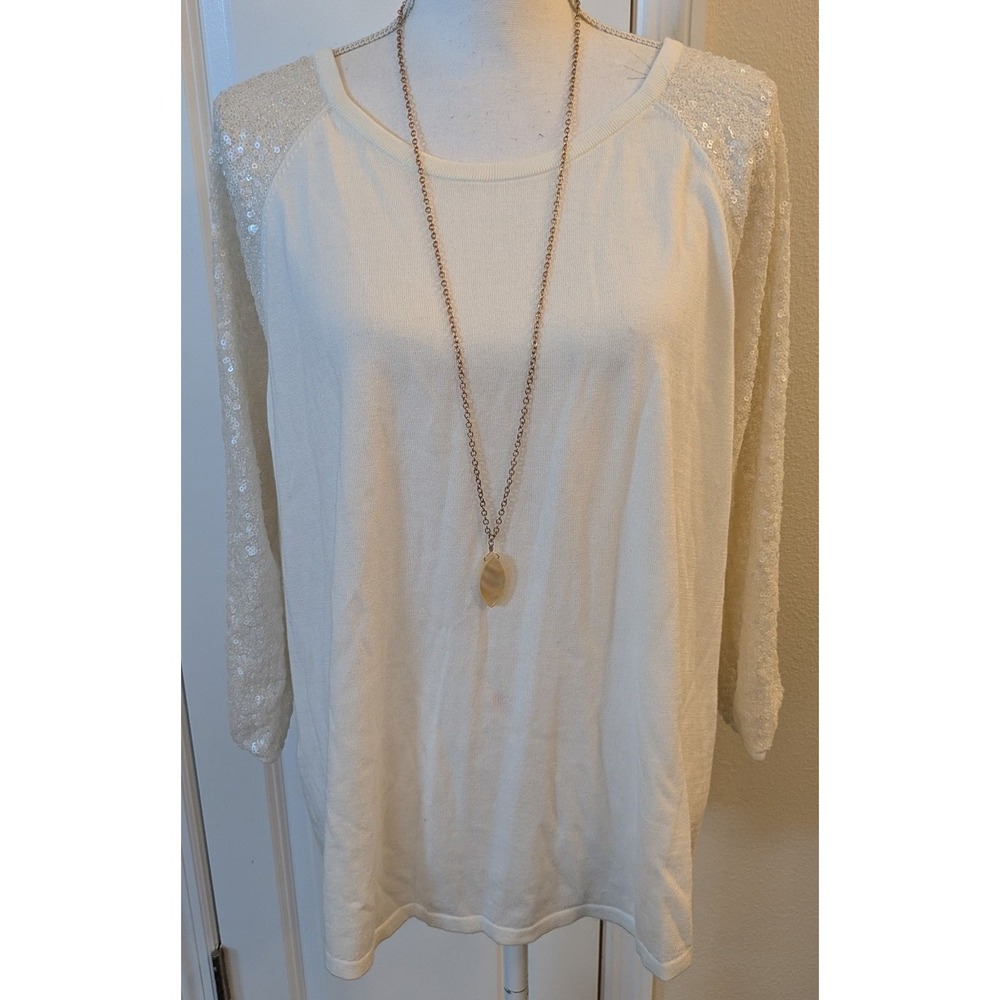 Tommy Bahama Women XL Ivory Sequin Sleeve Soft Knit Sweater Crew Neck Off White